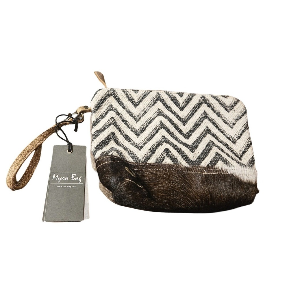 Myra Bag Chevron Canvas and Hair-on-Hide Leather Wristlet Clutch Bag NEW